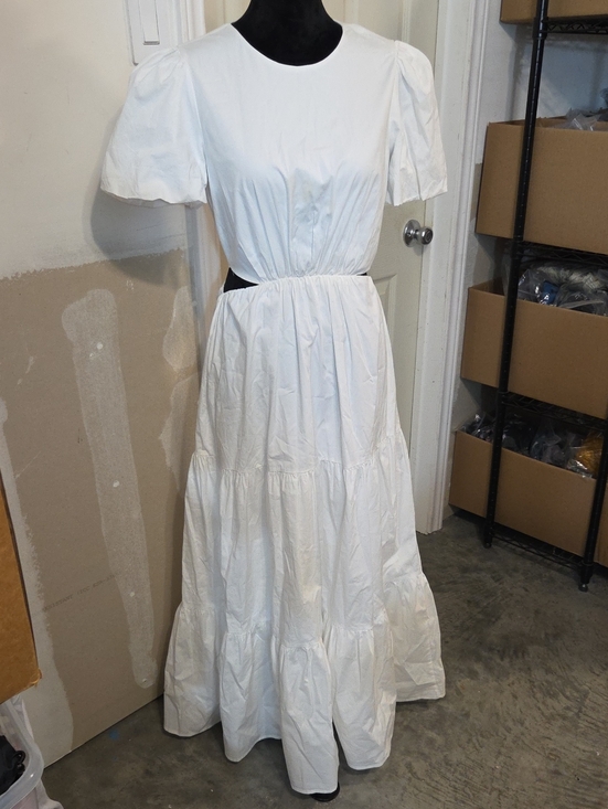 Dresses & Skirts - White Tiered Maxi Dress Puff Sleeves and Side Cutouts Pleated